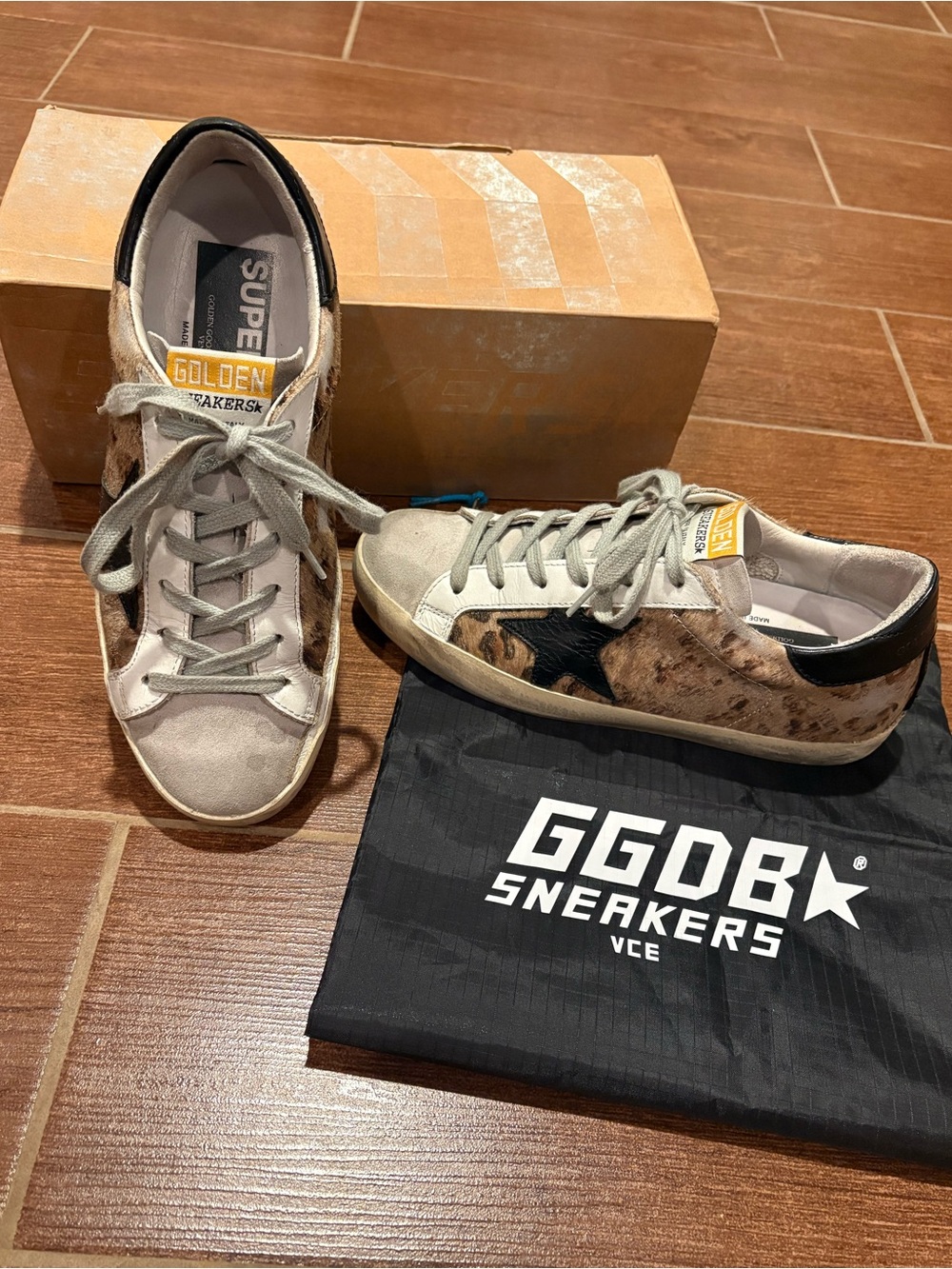 Authentic golden goose superstar sneakers leopard sparkle black accent size 36
